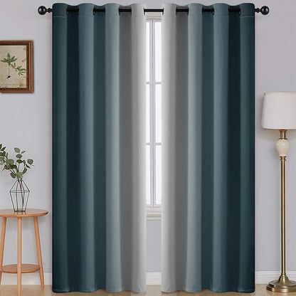 SimpleHome Ombre Room Darkening Curtains for Bedroom, Gradient Stone Blue to Grey White Light Blocking Thermal Insulated Grommet Window Curtain/Drapes for Living Room,2 Panels, 52x84 inches Length