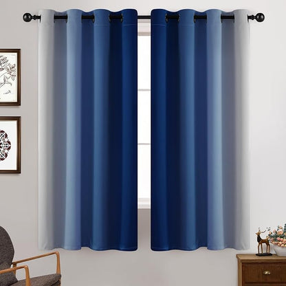 Yakamok Greyish White and Royal Blue Ombre Curtains,Light Blocking Curtains,Room Darkening Grommet Window Drapes for Bedroom(Royal Blue,52x63 Inch,2 Panels)