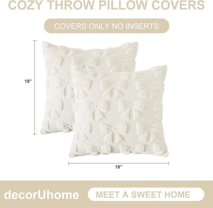 decorUhome Cream White Bow Pillow Covers Set of 2 Coquette Aesthetic Cute Preppy Plush Faux Pillowcases for Girly Bedroom or Couch 18x18 Inch