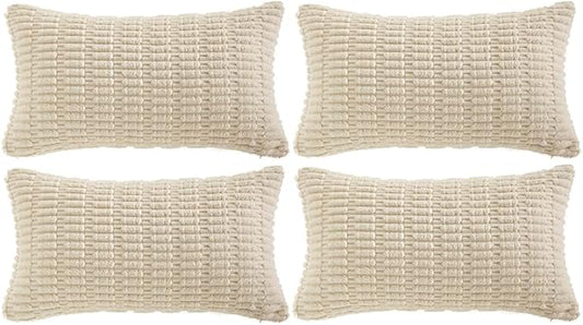 Fancy Homi 4 Packs Boho Cream Decorative Throw Pillow Covers 14x24 Inch for Living Room Couch Bed Sofa, Rustic Modern Farmhouse Home Decor, Soft Plush Corduroy Beige Cute Square Cushion Case 35x60 cm