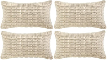 Fancy Homi 4 Packs Boho Cream Decorative Throw Pillow Covers 12x24 Inch for Living Room Couch Bed Sofa, Rustic Modern Farmhouse Home Decor, Soft Plush Corduroy Beige Cute Square Cushion Case 30x60 cm