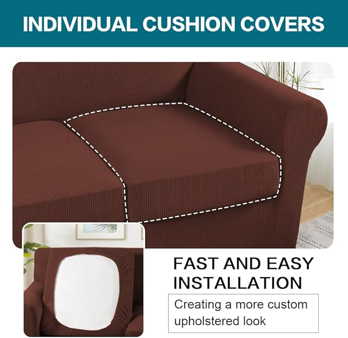 Turquoize 4 Piece Sofa Covers for 3 Cushion Couch Sofa Slipcover Soft Couch Cover for Dogs Washable Furniture Cover with 3 Individual Large Cushion Covers Feature Fabric (Large Sofa, Burnt Brick)