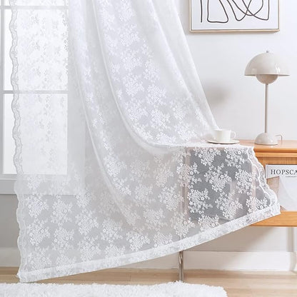 YJ YANJUN Vintage Lace Curtains 72 Inches Long- Victorian Floral Pattern White Sheer Curtain Panels for Patio Door Living Room Bedroom,Light Filtering, French Country Drapes 2 Panels 52W x 72L