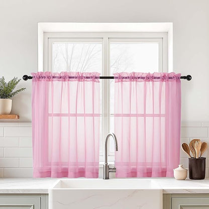 Light Pink Small Sheer Curtains Tier 24 Inches Length 2 Pieces, Light Filtering Cafe Curtains for Living Room Bathroom, Modern Window Treatments Dual Rod Pocket Panels, 2X42Wx24L Inches
