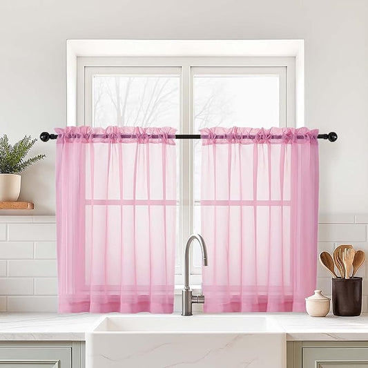 Light Pink Small Sheer Curtains Tier 24 Inches Length 2 Pieces, Light Filtering Cafe Curtains for Living Room Bathroom, Modern Window Treatments Dual Rod Pocket Panels, 2X42Wx24L Inches