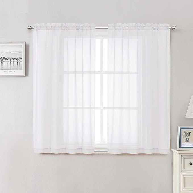 Lecloud White Sheer Curtains 48 Inch Length 2 Pcs, Light Filtering Voile Bathroom Curtains for Bedroom Basement Living Room, Farmhouse Window Treatments Rod Pockets Drapes, Each Panel 42" W x 48" L