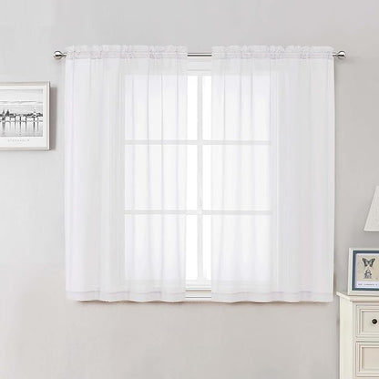 Lecloud White Sheer Curtains 48 Inch Length 2 Pcs, Light Filtering Voile Bathroom Curtains for Bedroom Basement Living Room, Farmhouse Window Treatments Rod Pockets Drapes, Each Panel 42" W x 48" L