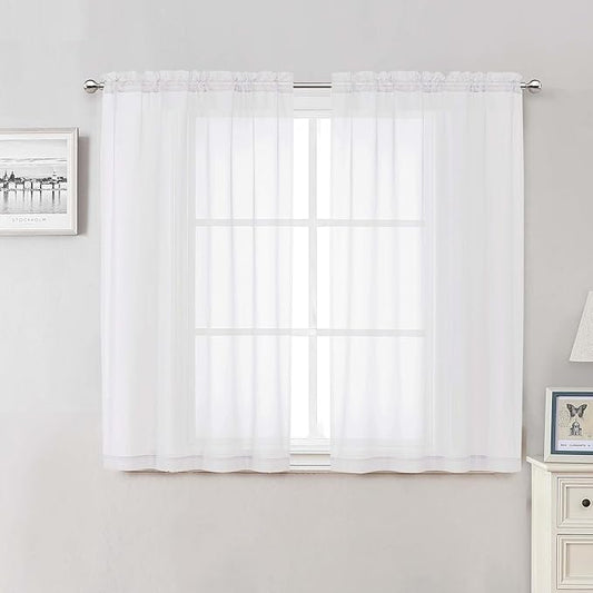 Lecloud White Sheer Curtains 48 Inch Length 2 Pcs, Light Filtering Voile Bathroom Curtains for Bedroom Basement Living Room, Farmhouse Window Treatments Rod Pockets Drapes, Each Panel 42" W x 48" L