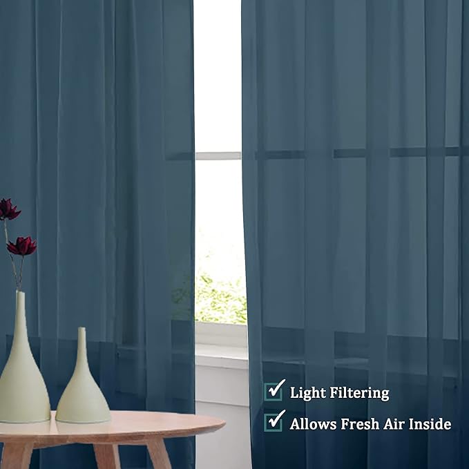 OVZME Dusty Blue Sheer Curtains 108 Inches Long, Light Filtering Semi Transparent Lightweight Voile Rod Pocket Window Curtains for for Yard, Patio, Villa, Parlor, W42 x L108, Set of 2 Panels