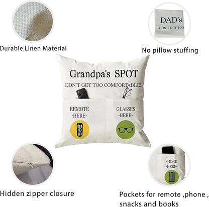 ONFAON Grandpa Gifts,Grandpa's Spot Throw Pillow Covers 18x18 Inch for Bed Sofa Couch,Birthday Christmas Thanksgiving Day Gifts for Grandpa Stepdad,2-Pocket