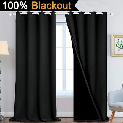 Yakamok 100% Blackout Lined Panels, Room Darkening Thermal Insulated Blackout Curtains for Bedroom, Heat Blocking Drapes for Living Room(52Wx108L, Black, 2 Panels)