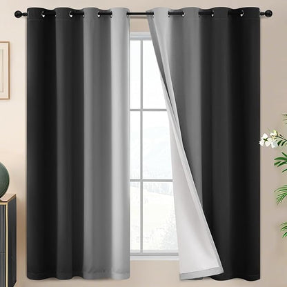 SimpleHome Ombre 100% Blackout Curtains for Bedroom 63 Inches Long, Black with White Liner Room Darkening Thermal Insulated Grommet Curtain/Drapes for Living Room,2 Panels Set