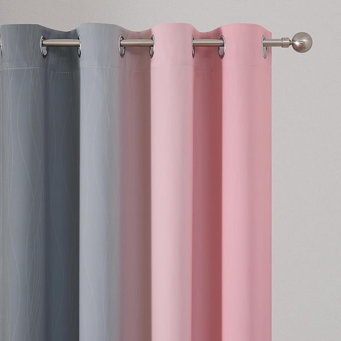 Ombre Pink and Gray Blackout Curtains 96 Inches Long, Full Room Darkening Curtains for Bedroom, Grommet Thermal Insulated Gradient Drapes, Full Light Blocking Curtains 2 Panels,52x96 Inch