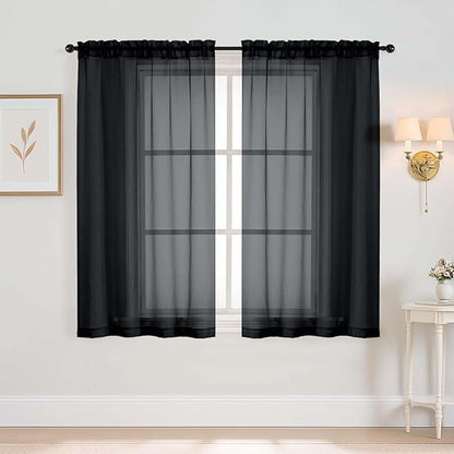 Black Window Sheer Curtains 54 inch Length, Soft Airy Light Filtering Sheer Curtain 2 Panels Set, Dual Rod Pocket Gauze Black Drapes for Living Room Bedroom, 2x42Wx54L Inches