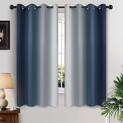 Yakamok Room Darkening Ombre Curtains 63 Inch Length, Navy Blue and Greyish White Thermal Insulated Gradient Color Curtains,Light Blocking Grommet Window Drapes for Bedroom,52 Inch Width,2 Panels