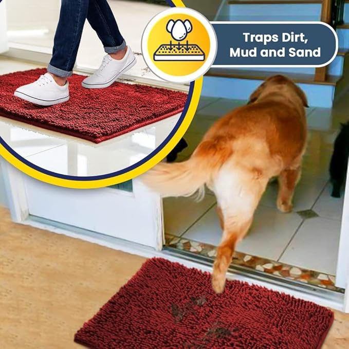 Muddy Mat® | Super Absorbent Door Mat Indoor, Microfiber Quick Dry Chenille Entryway Rug, Non-Slip Front Door Mat, Indoor Mats for Entryway, Machine Washable Pet Rug, Red 36"x72"