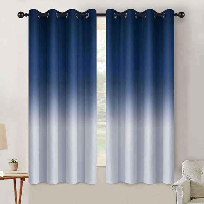 SimpleHome Ombre Room Darkening Curtains for Living Room, Light Blocking Gradient Blue to Grey White Thick Thermal Insulated Grommet Window Curtains/Drapes for Bedroom, 2 Panels, 52x63 inches Length
