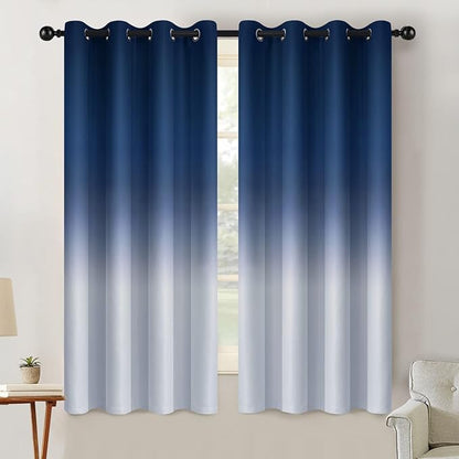 SimpleHome Ombre Room Darkening Curtains for Living Room, Light Blocking Gradient Blue to Grey White Thick Thermal Insulated Grommet Window Curtains/Drapes for Bedroom, 2 Panels, 52x63 inches Length