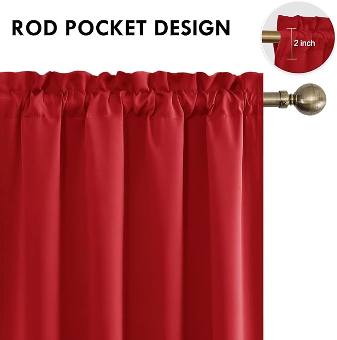 DWCN Blackout Curtains for Living Room Thermal Insulated, Energy Saving & Noise Reducing Bedroom Curtains, Red, W 70x L 72 Inch, Set of 2 Rod Pocket Curtain Panels