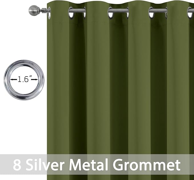 Yakamok Olive Green Blackout Curtains 63 Inches Length with Grommet Green Room Darkening Thermal Insulated Curtain Set of 2 Drapes for Bedroom Living Room, 52W x 63L,2 Panels