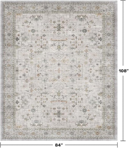 Hazo Haus Boho Light Grey Living Room Rug 7x9 - Modern Eclectic Floral Paste Neutral Taupe, Washable Low Pile Non-Slip Large Area Rugs for Dining Under Table, Bedroom Under Bed