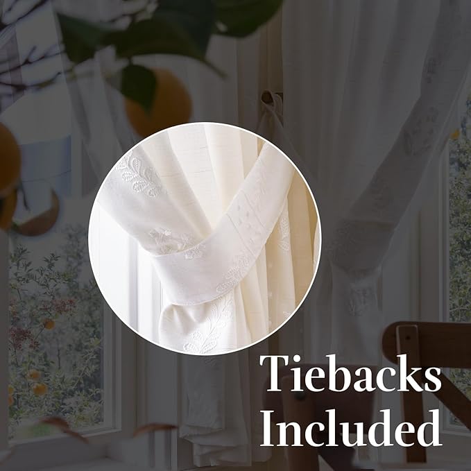 jinchan Belrose Linen Floral Cafe Curtains 54 Inch Length Embroidered Farmhouse Curtains for Kitchen Bedroom Bathroom Small Windows Curtain Set Light Filtering 2 Panels White