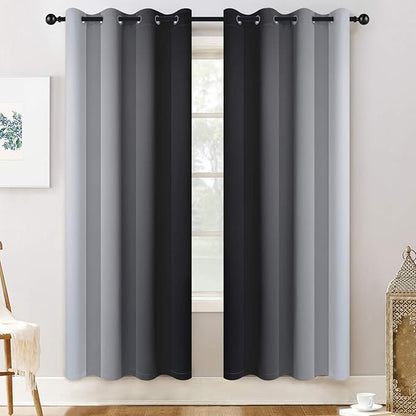 Yakamok 72 Inch Length Black and Greyish White Ombre Curtains, Light Blocking Gradient Color Curtains, Room Darkening Thermal Insulated Grommet Window Drapes for Bedroom (2 Panels, 52x72 Inch)