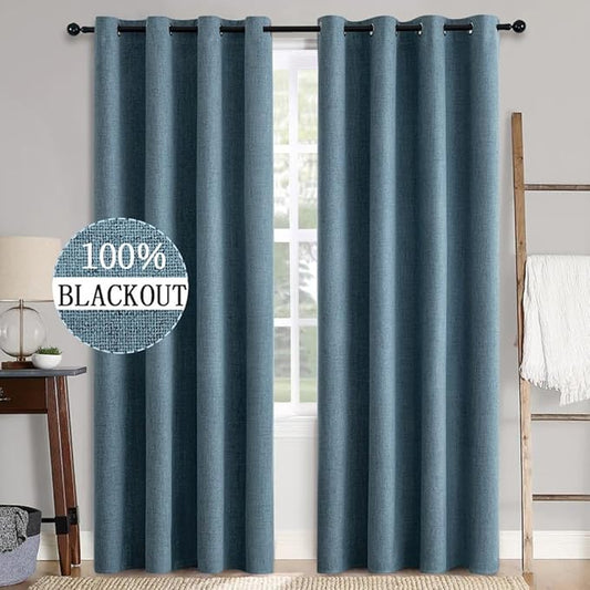 MIULEE 2 Panels Blackout Curtains Polyester Texture Opaque Curtains for Bedroom 100% Blackout Thermal Insulated Dusty Blue Curtains 90 Inches Long for Living Room
