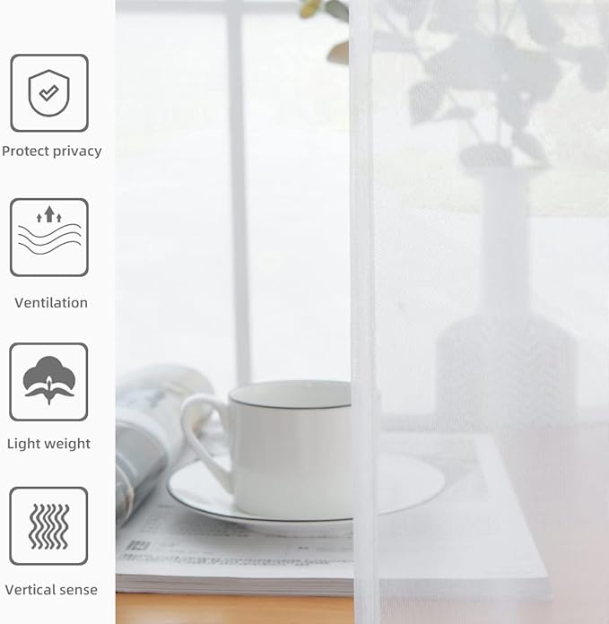 youleyar Solid Sheer Rod Pocket Curtain Voile Draperies 2 Panels White Beige Black Grey Coffee 70 Inch Width 108 Inch Long 1 Pair for Kitchen Bedroom Children Living Room Yard(White,70Wｘ108L)