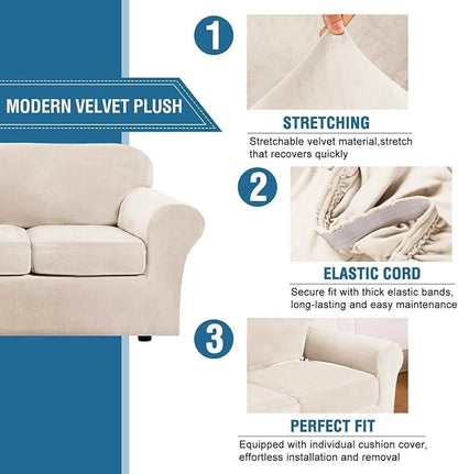 H.VERSAILTEX Modern Velvet Plush 4 Piece High Stretch Sofa Slipcover Sofa Cover Furniture Protector Form Fit Thick Velvet Sofa Cover for 3 Cushion Couch Width Up to 90 Inch (Sofa, Cream)