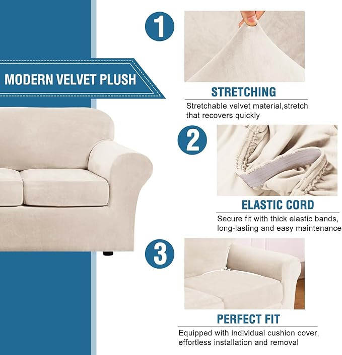 H.VERSAILTEX High Stretch Sofa Slipcover 4 Piece Cover Velvet Furniture Protector Form Fit Thick Velvet Extra Large Sofa Cover for 3 Cushion Couch Width Up to 97 Inch (Large Sofa, Cream)
