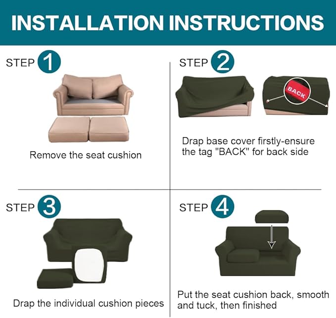 Turquoize 3 Piece Sofa Covers for 2 Cushion Couch Sofa Slipcover Soft Couch Cover for Dogs-Washable Sofa Furniture Cover with 2 Individual Cushion Covers, Thick Jacquard Fabric (Loveseat, Olive)