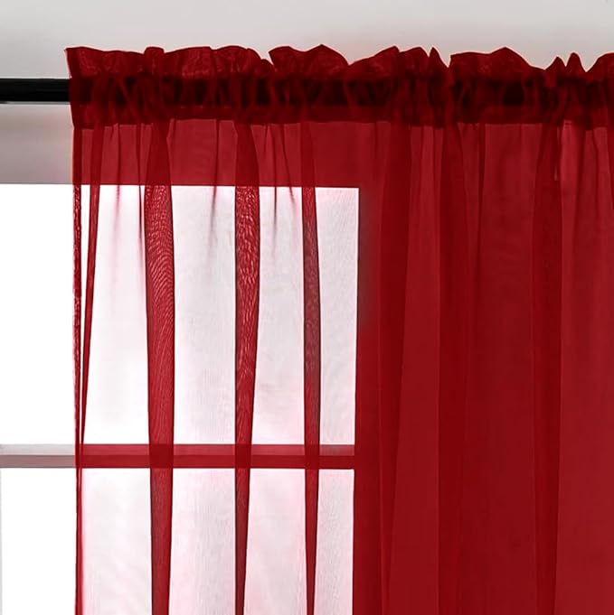 SpaceDresser Christmas Red Sheer Curtains 4 Panels Rod Pocket Semi-Sheer Curtain 96 Inches Long Light Filtering Voile Window Drapes for Bedroom Living Room Kitchen, Each 52W x 96L
