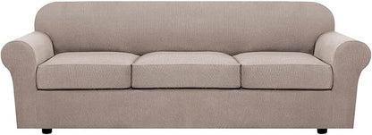 H.VERSAILTEX 4 Piece Stretch Sofa Covers for 3 Cushion Couch Covers for Living Room Furniture Slipcovers (Base Cover Plus 3 Seat Cushion Covers) Thicker Jacquard Fabric (Large Sofa, Sand)