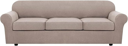 H.VERSAILTEX 4 Piece Stretch Sofa Covers for 3 Cushion Couch Covers for Living Room Furniture Slipcovers (Base Cover Plus 3 Seat Cushion Covers) Thicker Jacquard Fabric (Large Sofa, Sand)