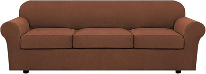 H.VERSAILTEX 4 Piece Stretch Sofa Covers for 3 Cushion Couch Covers for Living Room Furniture Slipcovers (Base Cover Plus 3 Seat Cushion Covers) Upgraded Thicker Jacquard Fabric (XL Sofa, Caramel)