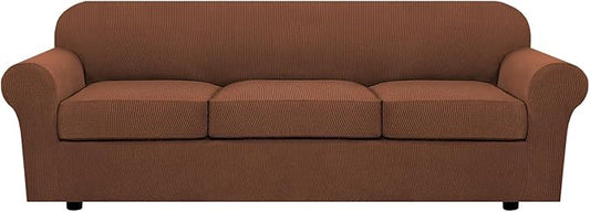 H.VERSAILTEX 4 Piece Stretch Sofa Covers for 3 Cushion Couch Covers for Living Room Furniture Slipcovers (Base Cover Plus 3 Seat Cushion Covers) Upgraded Thicker Jacquard Fabric (XL Sofa, Caramel)