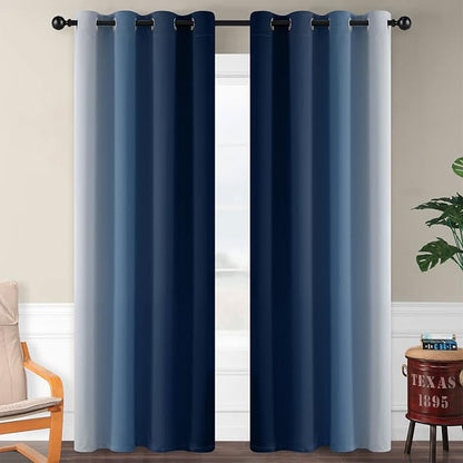 SimpleHome Ombre Room Darkening Curtains for Living Room, Light Blocking Gradient Blue to Greyish White Thermal Insulated Grommet Window Curtains/Drapes for Bedroom, 2 Panels, 52x96 inches Length