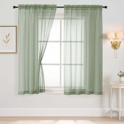Sage Green Sheer Curtains 63 Inch Length 2 Panels, Voile Sheer Curtain for Living Room, Breathable Light Filtering Window Treatments, Soft Fabric Dual Rod Pocket Drapes, 2x42Wx63L Inches