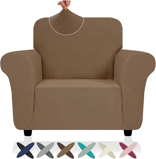 ZNSAYOTX Chair Cover with Arms (30"-47"), New Striped Sofa Chair Covers for Living Room, Dogs Pet Friendly Anti-Slip Chair Protector Spandex Armchair Slipcovers (Light Coffee, Chair)