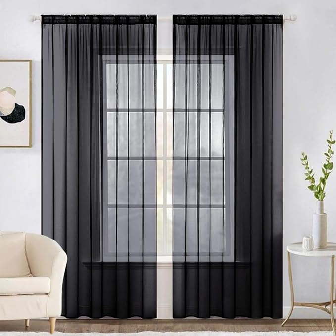 MIULEE 2 Panels Solid Color Sheer Window Curtains Elegant Halloween Window Voile Panels/Drapes/Treatment for Bedroom Living Room (54X72 Inches Black)