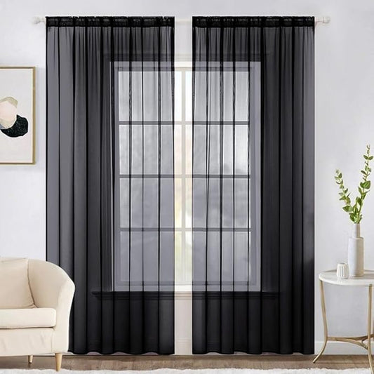 MIULEE 2 Panels Solid Color Sheer Window Curtains Elegant Halloween Window Voile Panels/Drapes/Treatment for Bedroom Living Room (54 X 84 Inches Black)