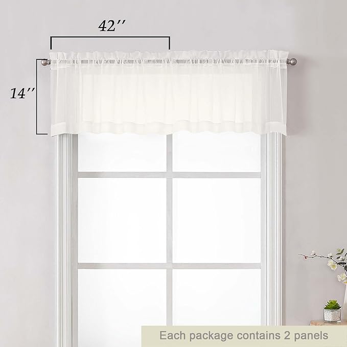 Ivory Valances for Windows, Ivory Sheer Curtains 14 Inch Length 2 Pack Kitchen Drapes, Modern Solid Mini Small Window Curtains for Cafe Bathroom Basement, Each 42" Wx14 L Inches