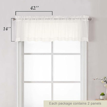 Ivory Valances for Windows, Ivory Sheer Curtains 14 Inch Length 2 Pack Kitchen Drapes, Modern Solid Mini Small Window Curtains for Cafe Bathroom Basement, Each 42" Wx14 L Inches