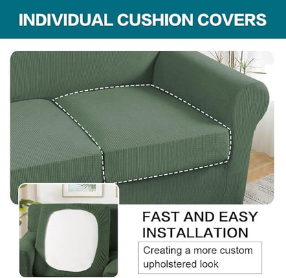 Turquoize 4 Piece Sofa Covers for 3 Cushion Couch Sofa Slipcover Soft Couch Cover for Dogs Washable Furniture Cover with 3 Individual Large Cushion Covers Feature Fabric (Large Sofa, Loden Frost)