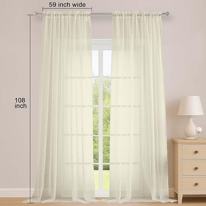 OWENIE Sheer Cream Curtains 108 Inches Long for Living Room Bedroom 2 Panels Set, Lightweight Airy Cream Sheer Curtain, Filmy Voile Rod Pocket, 2 PCS, Each 59" W x 108" L