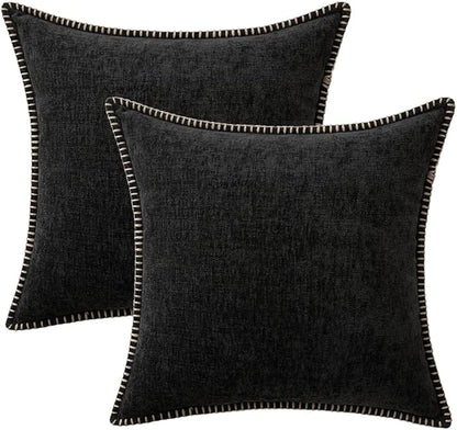 MIULEE Pack of 2 Couch Throw Pillow Covers 18x18 Inch Black Farmhouse Decorative Pillow Covers with Stitched Edge Soft Chenille Solid Dyed Spring Pillow Covers for Sofa Bed Living Room