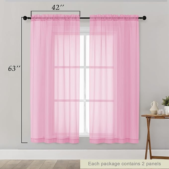Sheer Pink Curtains for Bedroom Living Room 63 Inch Length 2 Panels, Airy Soft Light Filtering Sheer Dining Room Curtains, Modern Rod Pocket Drapes, Pink, Each 42" Wx63 L Inches