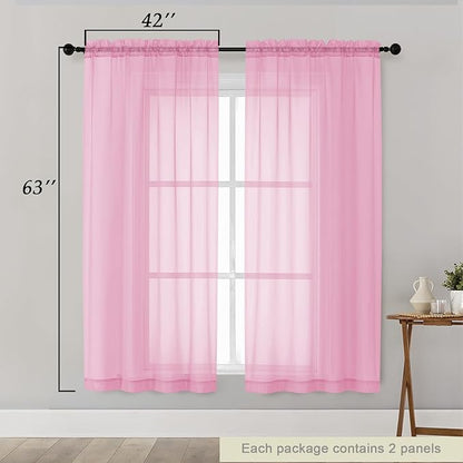 Sheer Pink Curtains for Bedroom Living Room 63 Inch Length 2 Panels, Airy Soft Light Filtering Sheer Dining Room Curtains, Modern Rod Pocket Drapes, Pink, Each 42" Wx63 L Inches