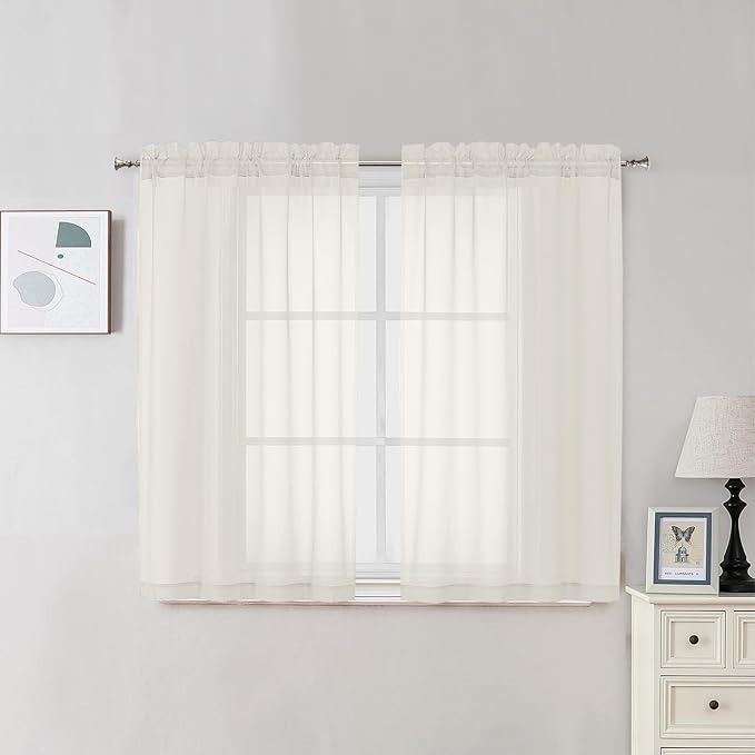 OVZME 2 Panels Cream Sheer Curtains 54 Inches Length Window Treatment for Kitchen, Elegant Airy Transparent Curtain Dual Rod Pocket for Kids Living Room, Each 42 Width 45 Length